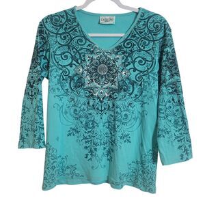 Cactus Bay Boho Cotton 3/4 Sleeve Shirt Turquoise Rhinestone USA Womens Sz Large